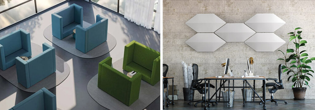 Confort acoustique dans les bureaux avec l'installation de panneaux acoustiques au mur et du mobilier acoustique