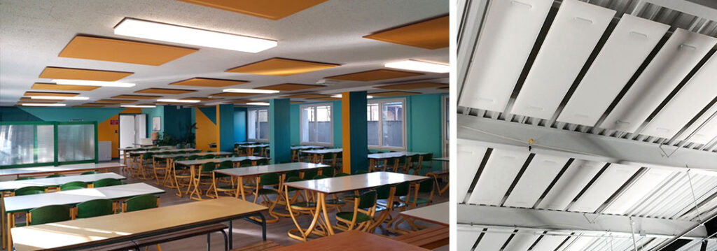 Installation de panneaux acoustiques dans une cantine scolaire
