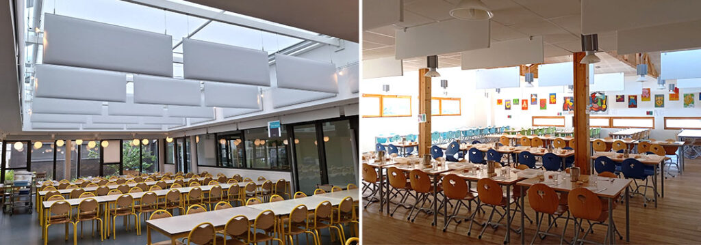Panneaux acoustiques suspendus au plafond pour améliorer le confort acoustique de la cantine scolaire