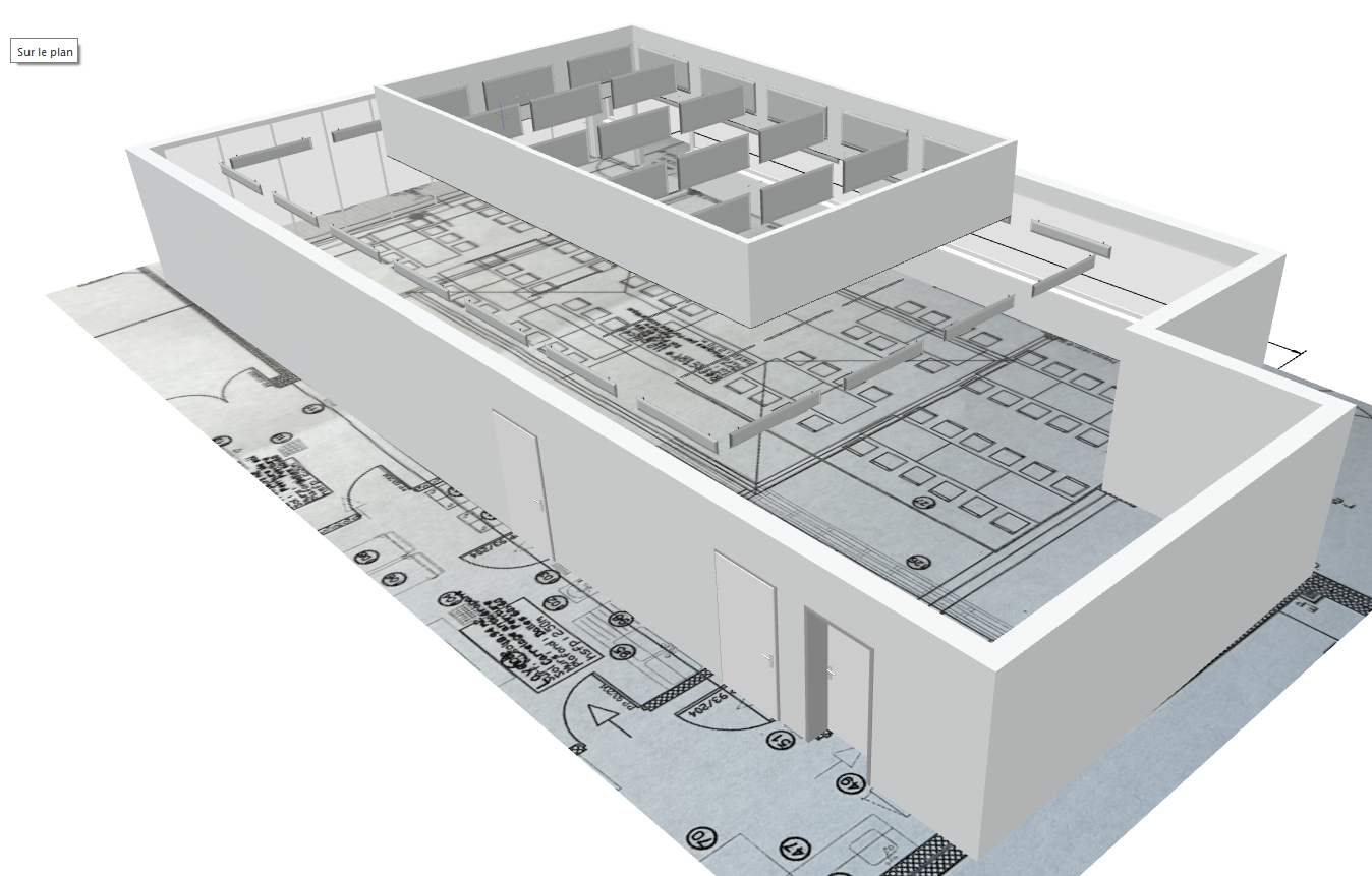 Plan en 3 D du traitement acoustique de la cantine municipale de saint romain de Colbosc